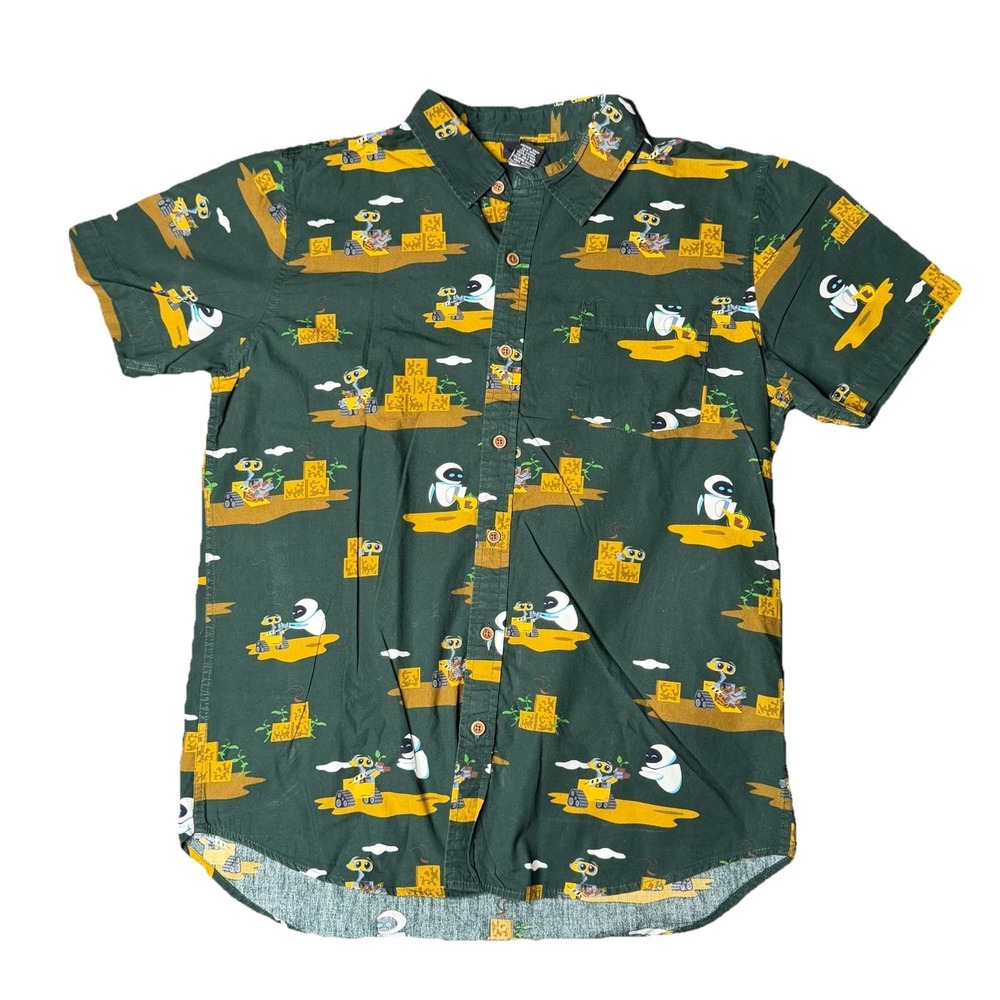 Disney Pixar Wall-E Shirt‎ Adult M Green Button Up Short Sleeve Eve AOP Organic